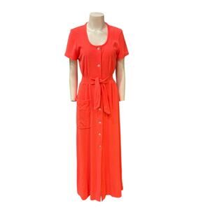 Vintage 70s Pink Terry Cloth Maxi Dress Belted Button Front Pocket / Small -